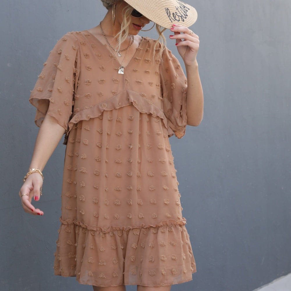 
                      
                        Swiss Dot V-Neck Flutter Sleeve Mini Dress
                      
                    