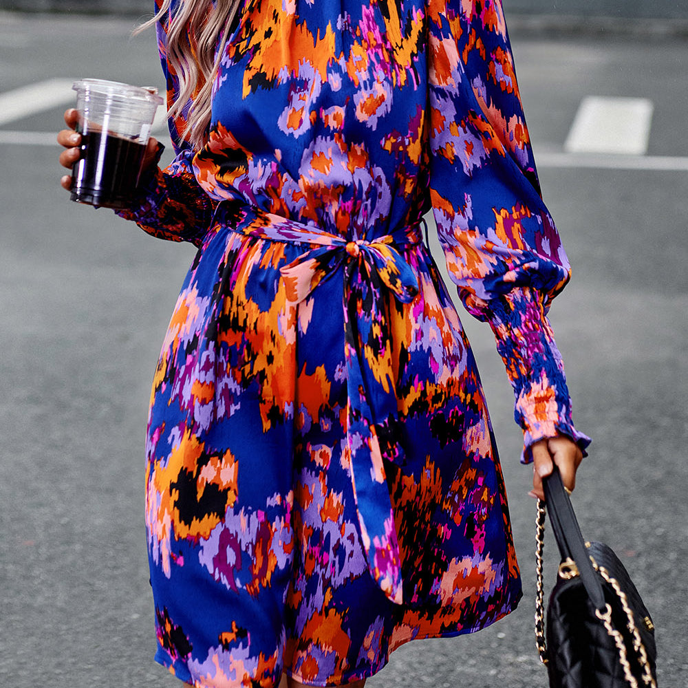 
                      
                        Printed Tie Waist Mock Neck Lantern Sleeve Dress
                      
                    