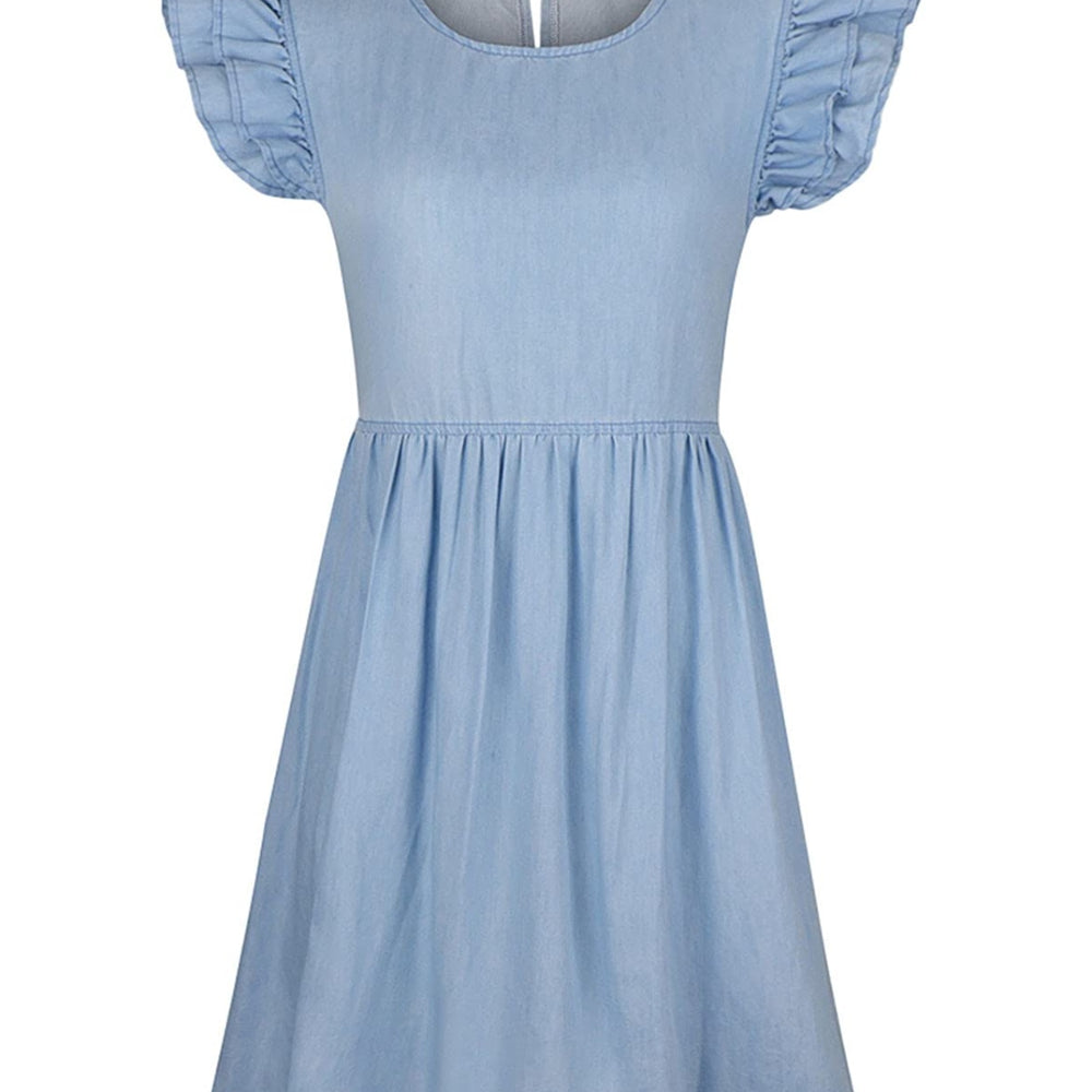 
                      
                        Full Size Ruffled Round Neck Cap Sleeve Denim Dress
                      
                    