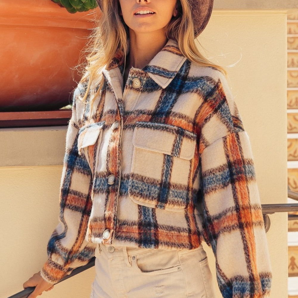 
                      
                        BiBi Brushed Plaid Crop Jacket with Pockets
                      
                    