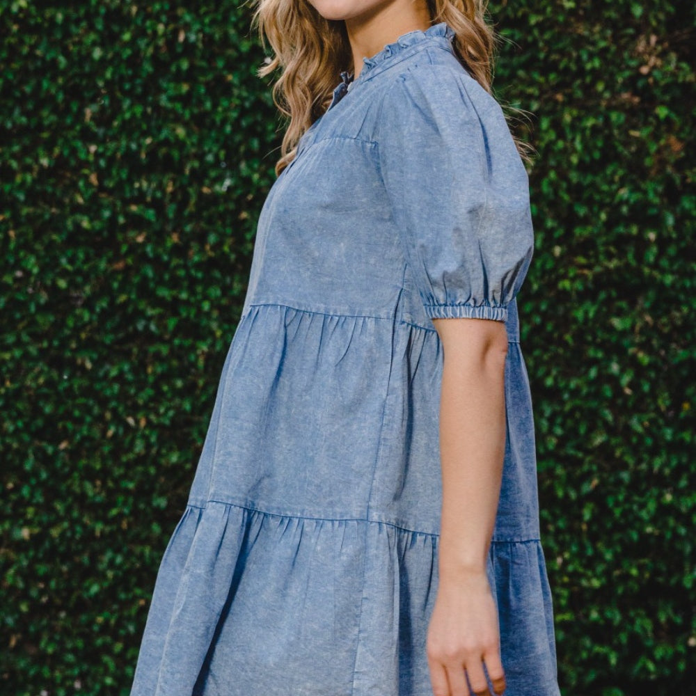 
                      
                        ODDI Washed Tiered Mini Denim Dress
                      
                    