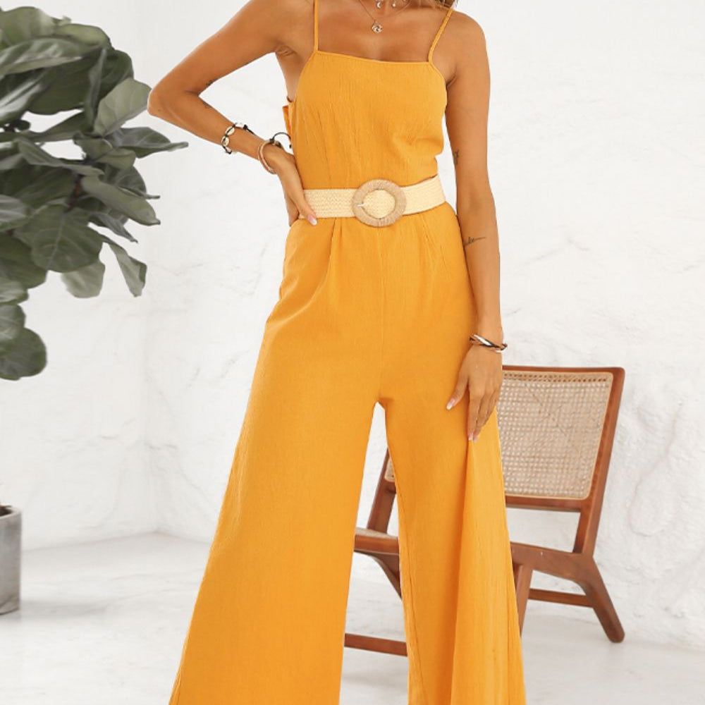 Shiny Cutout Spaghetti Strap Tie Back Wide Leg Jumpsuit