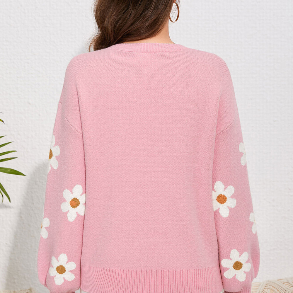 
                      
                        Flower Round Neck Dropped Shoulder Sweater
                      
                    