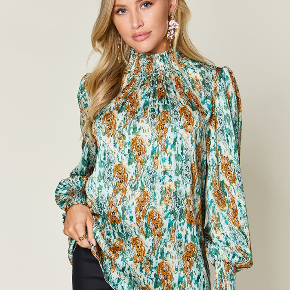 
                      
                        Double Take Full Size Printed Smocked Long Sleeve Blouse
                      
                    