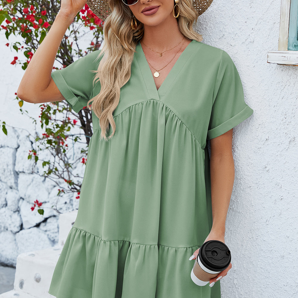 
                      
                        Ruched Tiered V-Neck Short Sleeve Mini Dress
                      
                    