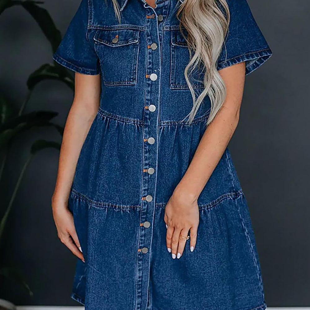 
                      
                        Pocketed Button Up Collared Neck Short Sleeve Denim Dress
                      
                    