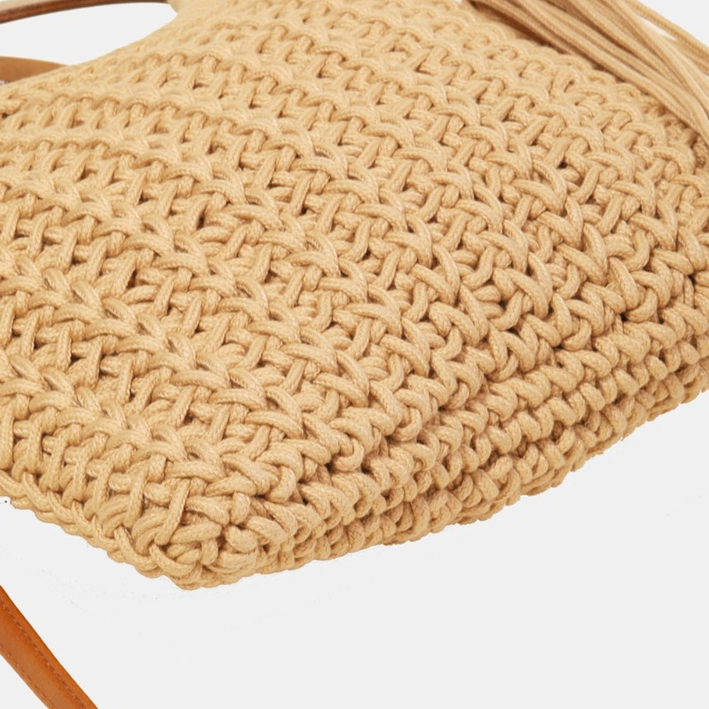 
                      
                        Fame Crochet Knit Convertible Tote Bag with Tassel
                      
                    