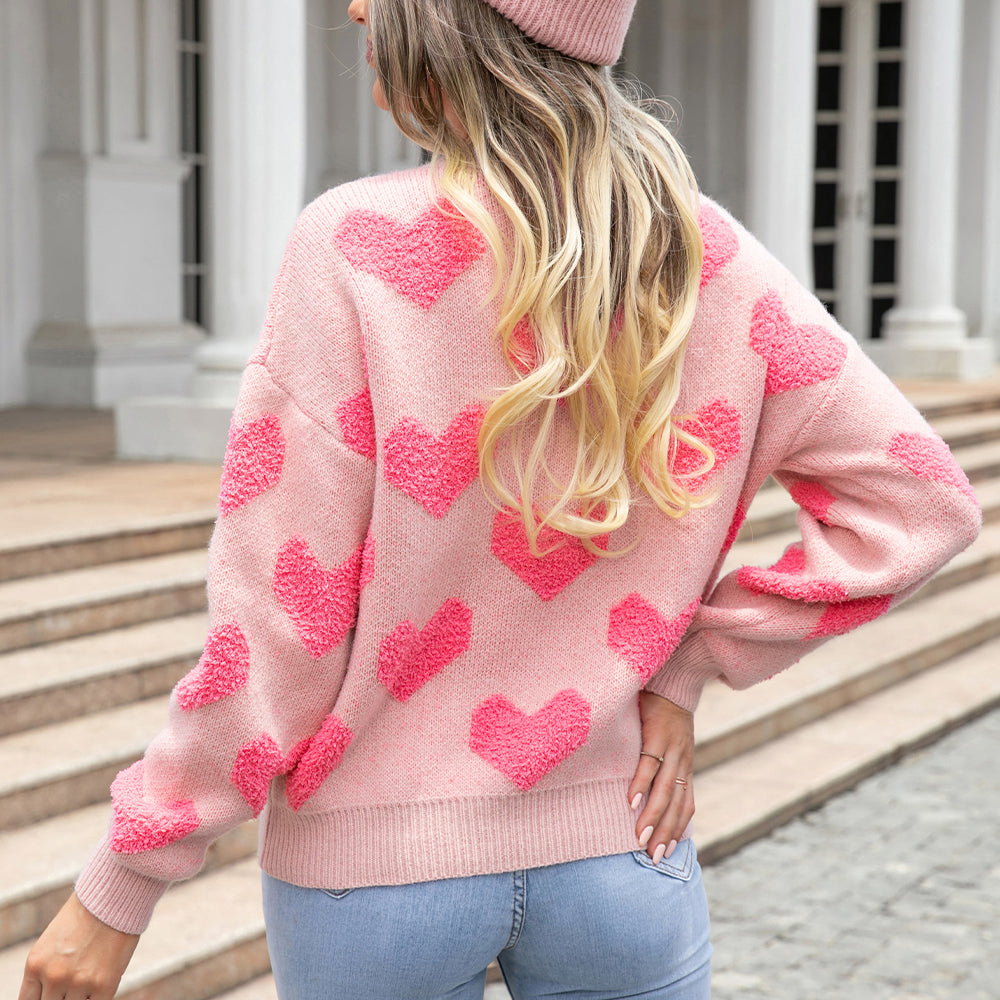 Angel Wings Round Neck Dropped Shoulder Sweater with Heart Pattern