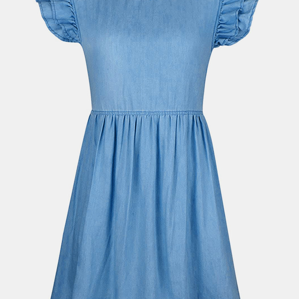 
                      
                        Full Size Ruffled Round Neck Cap Sleeve Denim Dress
                      
                    