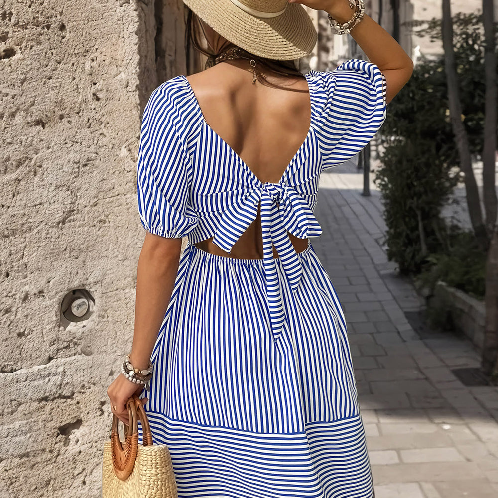 Smocked Striped Balloon Sleeve Mini Dress