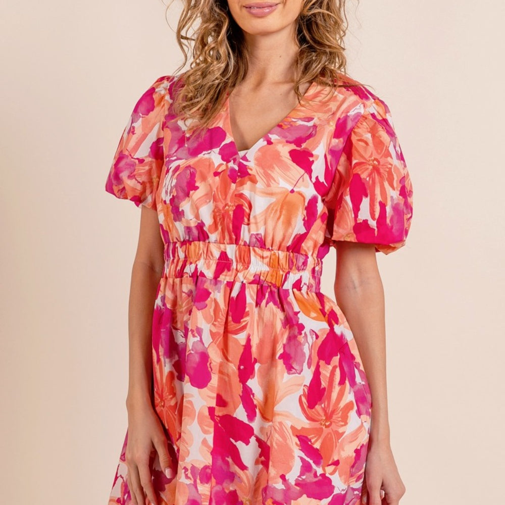 BiBi Floral V-Neck Puff Sleeve Mini Dress