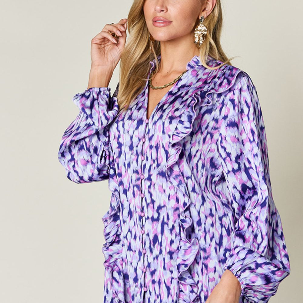 
                      
                        Double Take Full Size Printed Ruffle Trim Balloon Sleeve Shirt
                      
                    