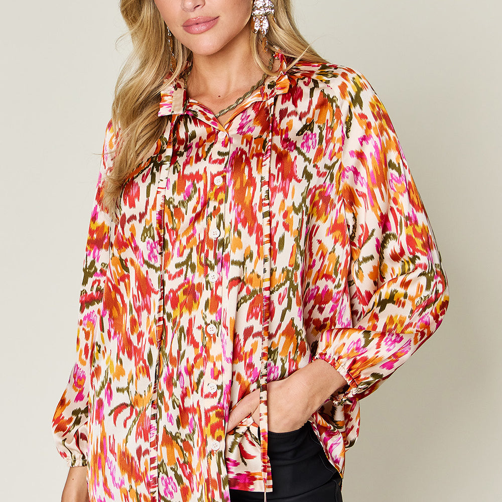 Double Take Full Size Printed Button Up Long Sleeve Shirt