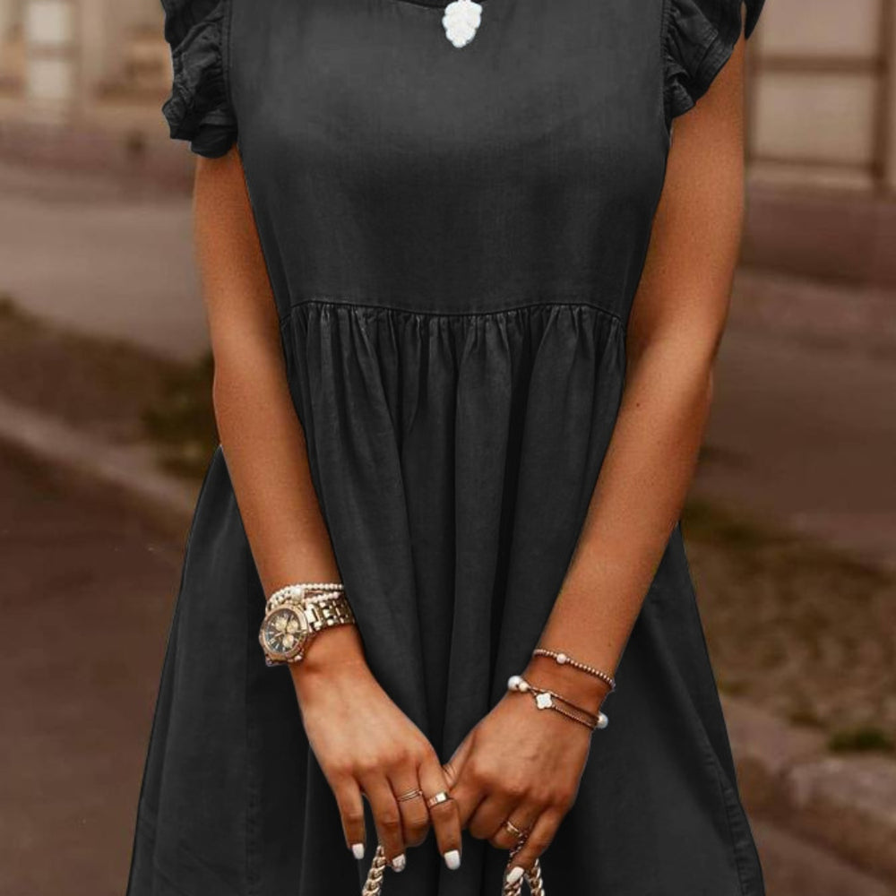 
                      
                        Full Size Ruffled Round Neck Cap Sleeve Denim Dress
                      
                    