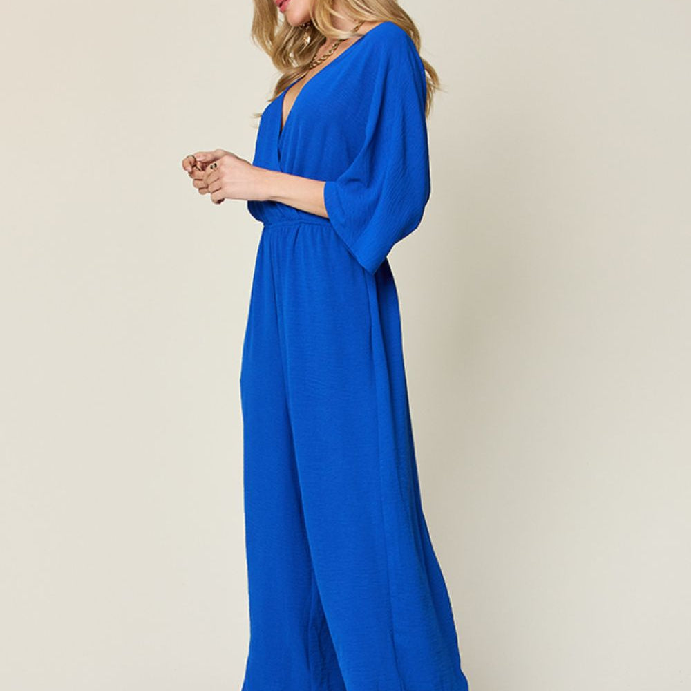 Double Take Full Size Surplice Wide Leg Jumpsuit with Pockets