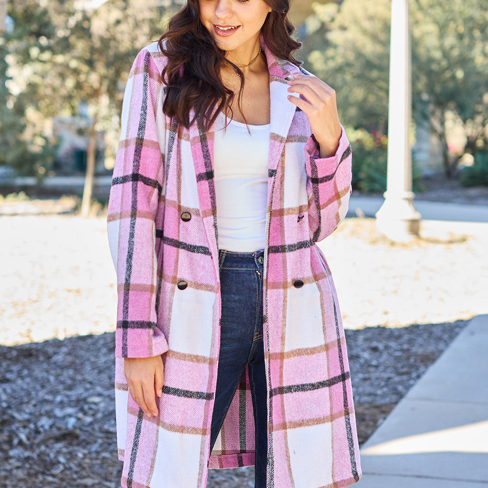 Double Take Full Size Plaid Button Up Lapel Collar Coat