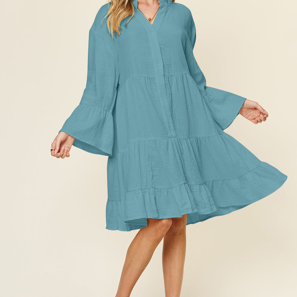 
                      
                        Double Take Full Size Texture Button Up Ruffle Hem Dress
                      
                    