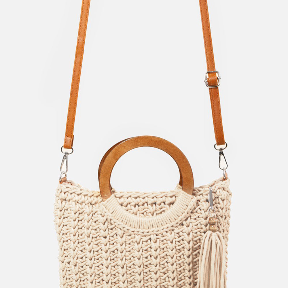 Fame Crochet Knit Convertible Tote Bag with Tassel