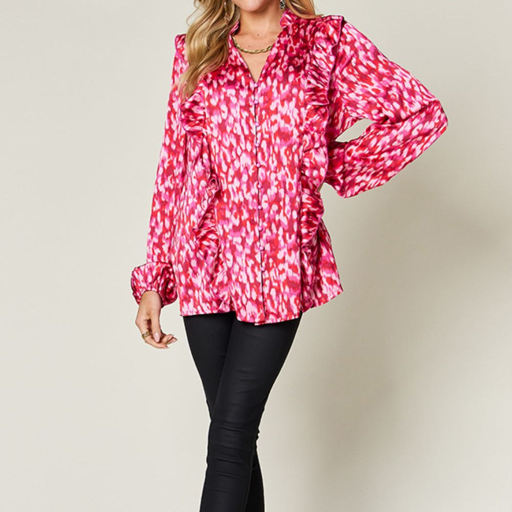 
                      
                        Double Take Full Size Printed Ruffle Trim Balloon Sleeve Shirt
                      
                    