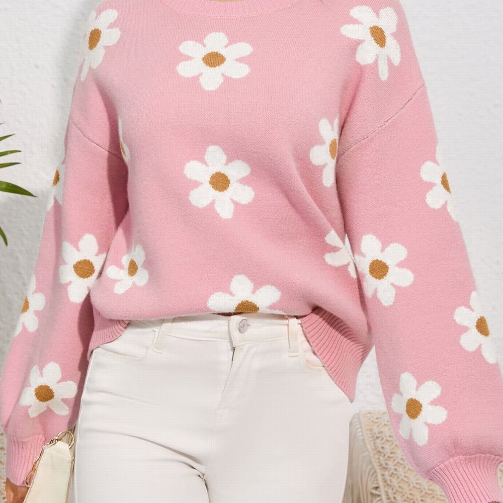 
                      
                        Flower Round Neck Dropped Shoulder Sweater
                      
                    