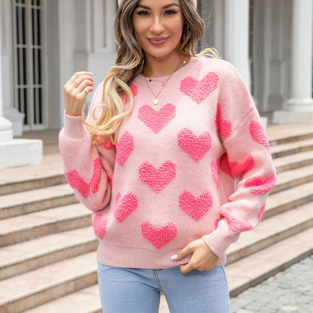 Angel Wings Round Neck Dropped Shoulder Sweater with Heart Pattern