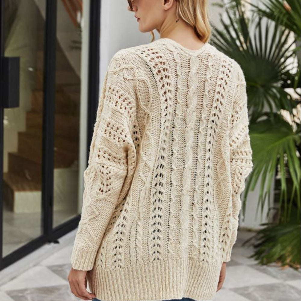 Ribbed Trim Openwork Open Front Cardigan