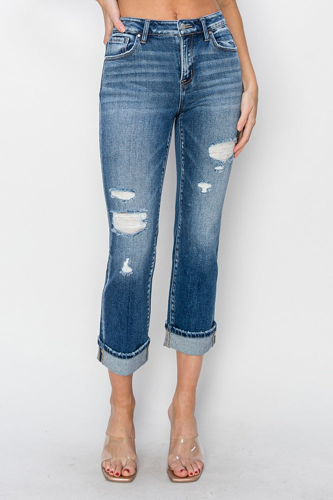 
                      
                        RISEN Full Size Cuffed Ankle Distressed Straight Jeans
                      
                    