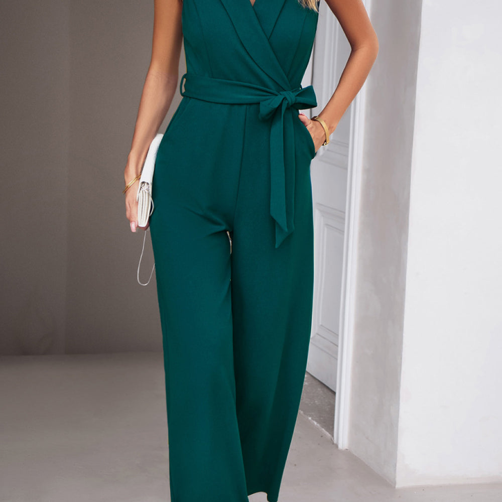 
                      
                        Tie Waist Shawl Collar Sleeveless Jumpsuit
                      
                    