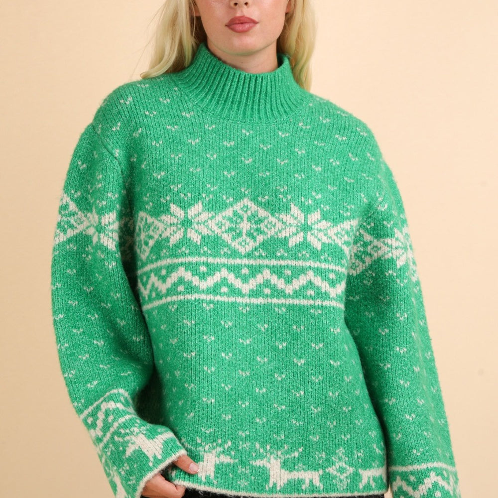 VERY J Christmas Element Mock Neck Long Sleeve Sweater