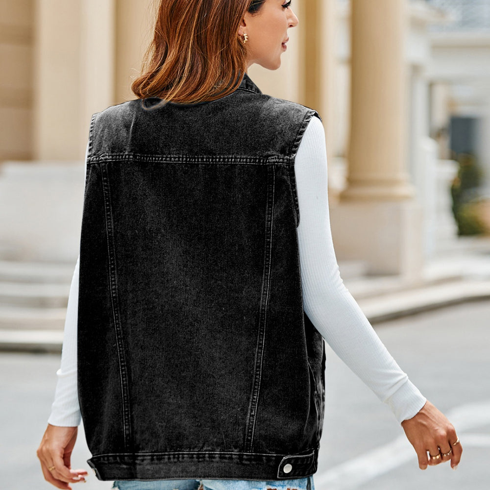 
                      
                        Pocketed Button Up Sleeveless Denim Jacket
                      
                    