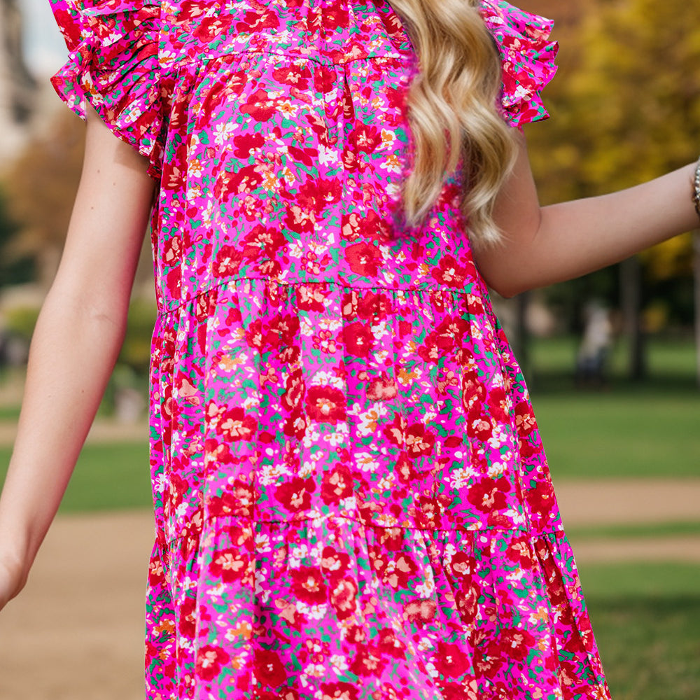 Ruffled Printed Cap Sleeve Mini Dress