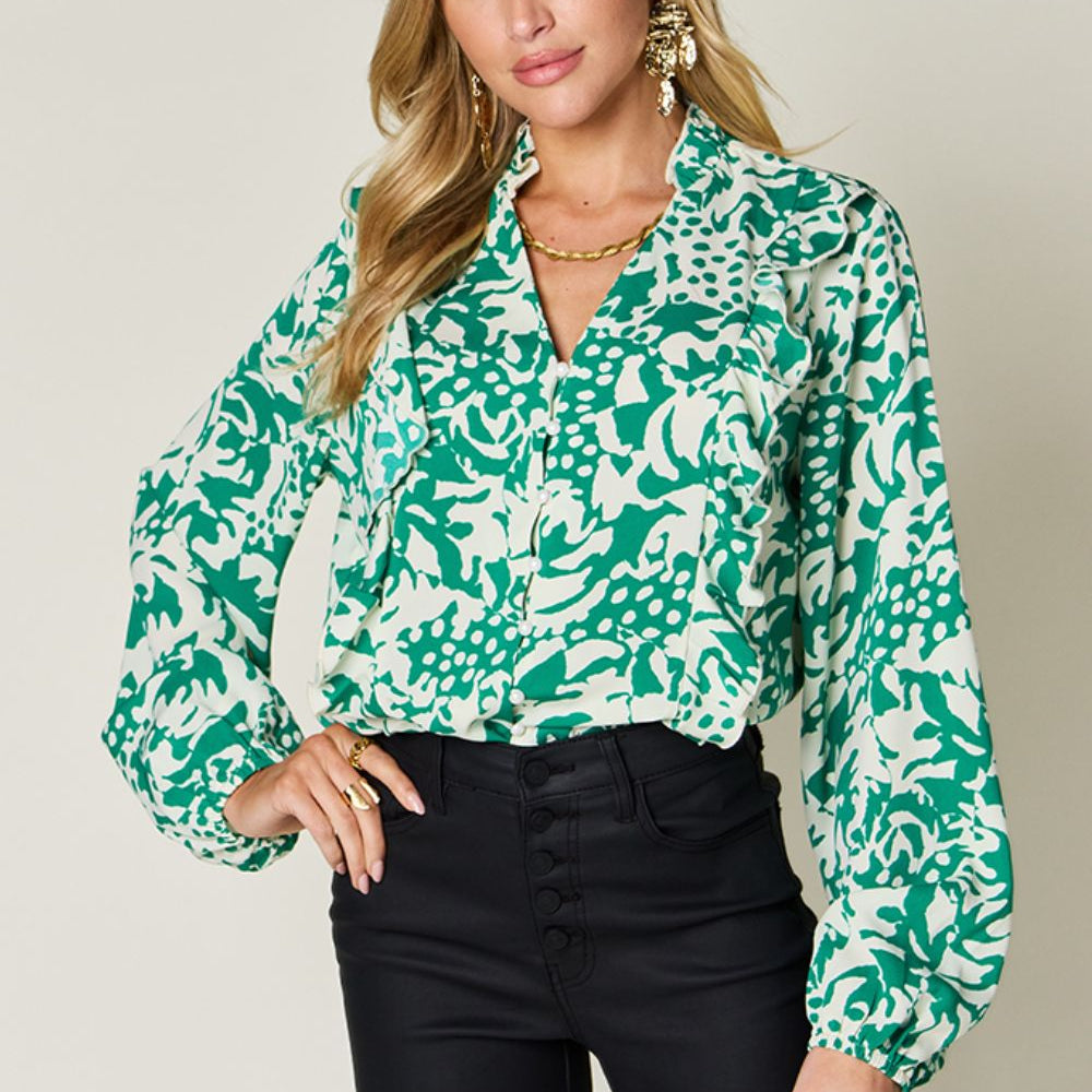 
                      
                        Double Take Full Size Printed Ruffle Trim Balloon Sleeve Shirt
                      
                    