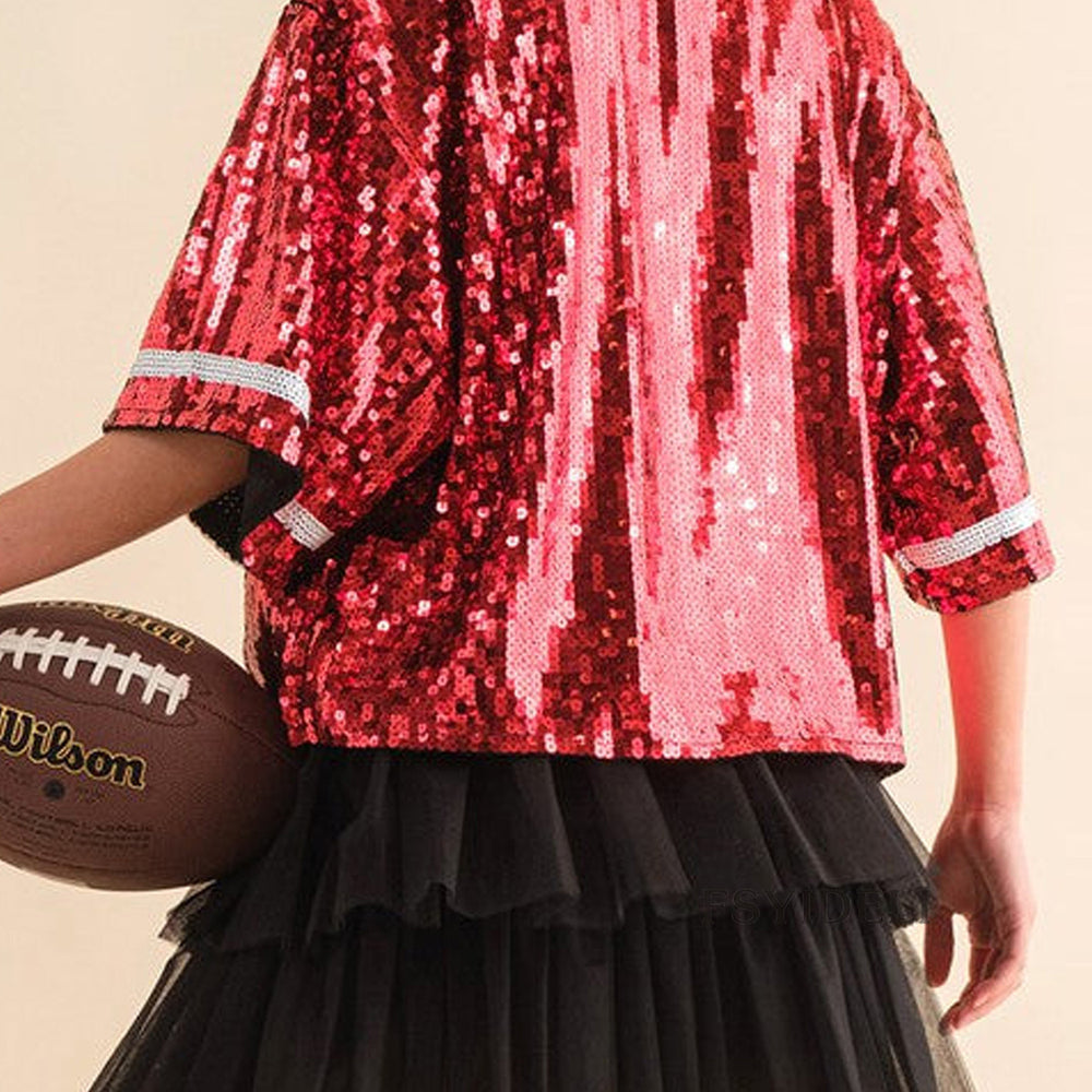 
                      
                        Sequin Football Round Neck Half Sleeve Top
                      
                    