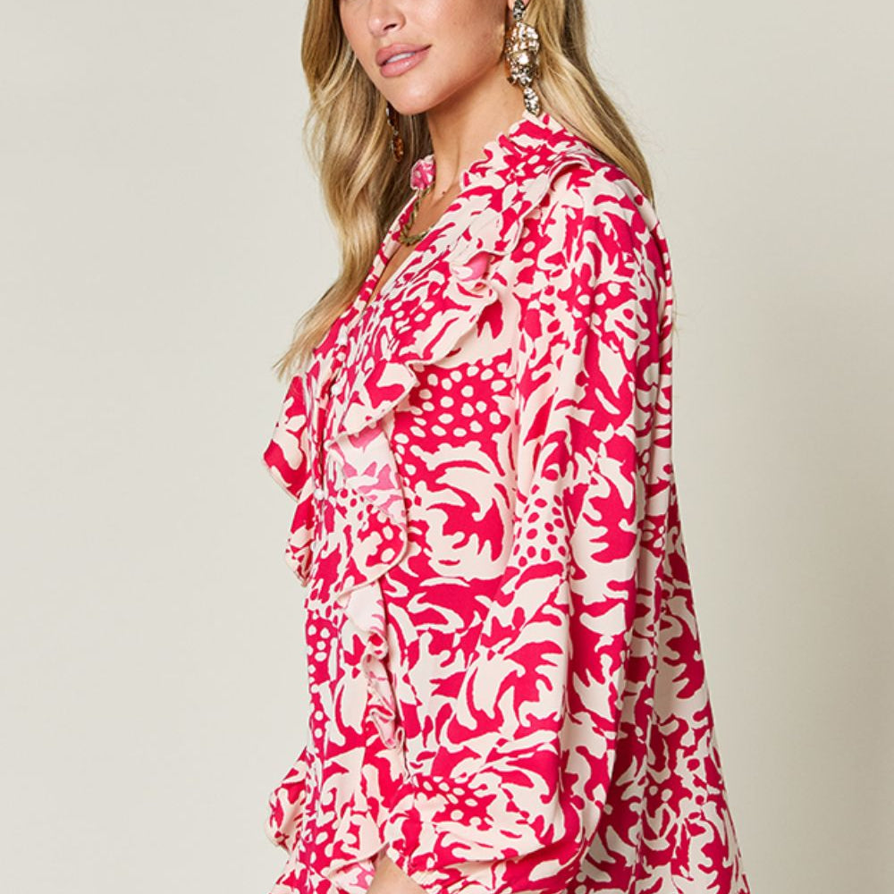 
                      
                        Double Take Full Size Printed Ruffle Trim Balloon Sleeve Shirt
                      
                    