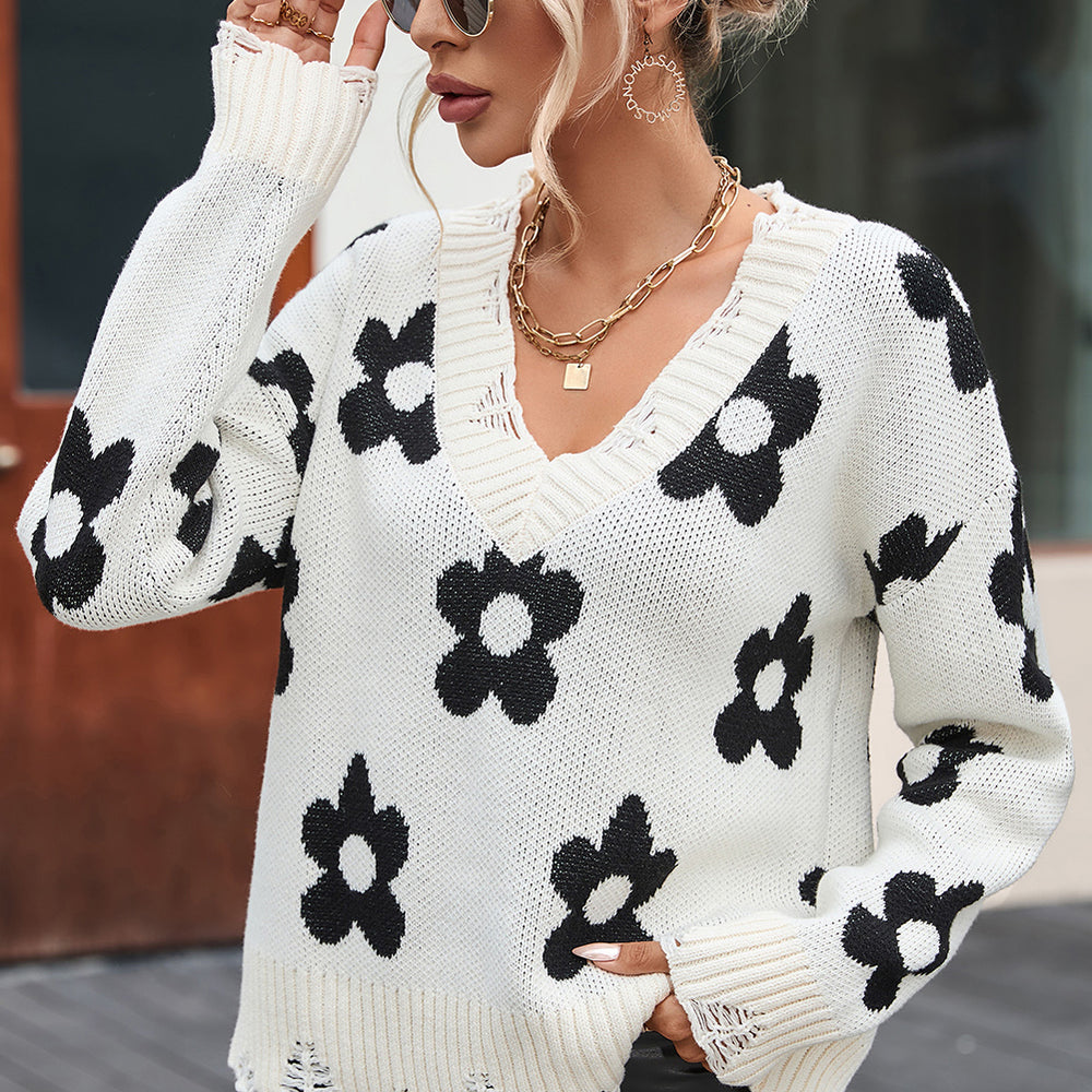 
                      
                        Flower Distressed V-Neck Dropped Shoulder Sweater
                      
                    