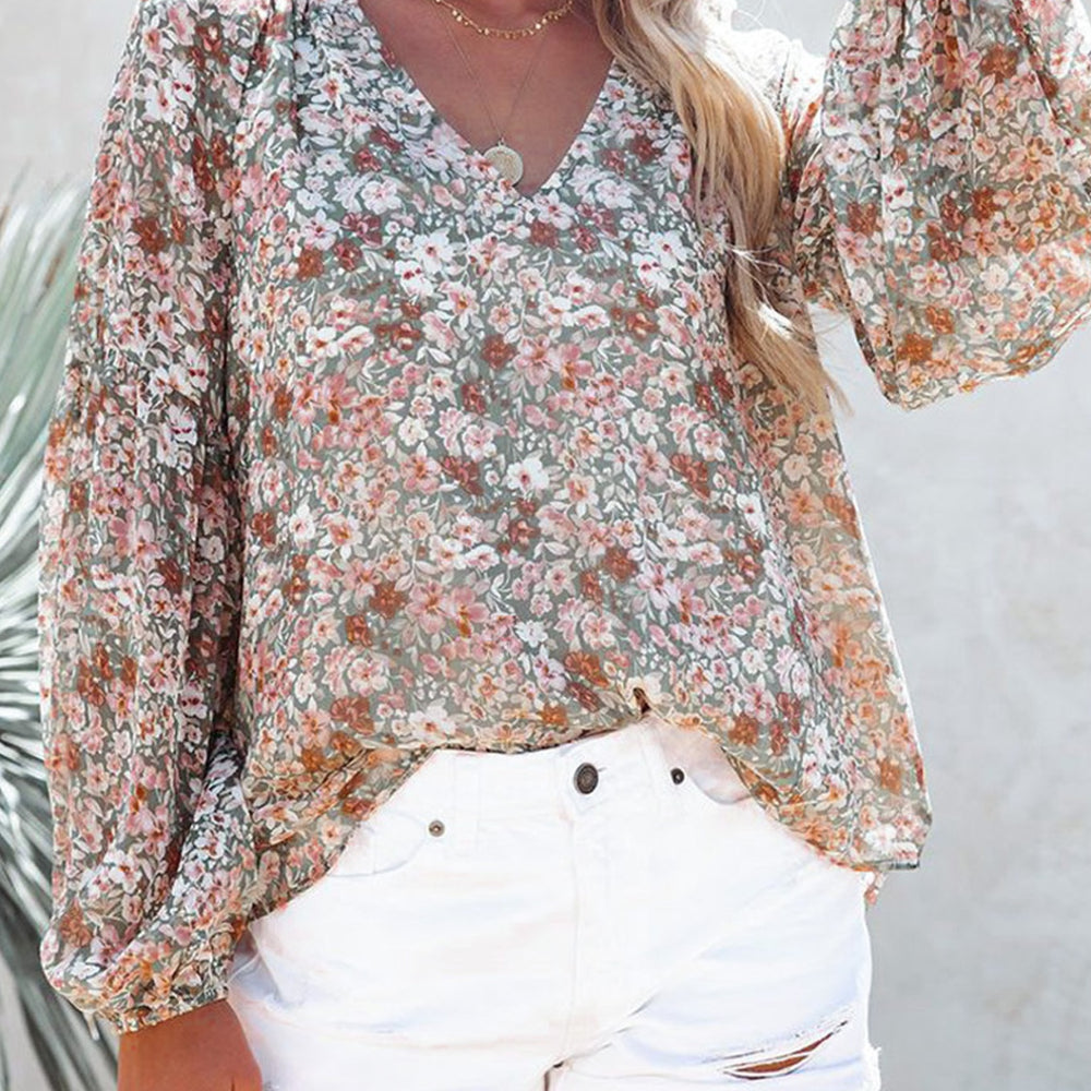 
                      
                        Floral Notched Balloon Sleeve Blouse
                      
                    