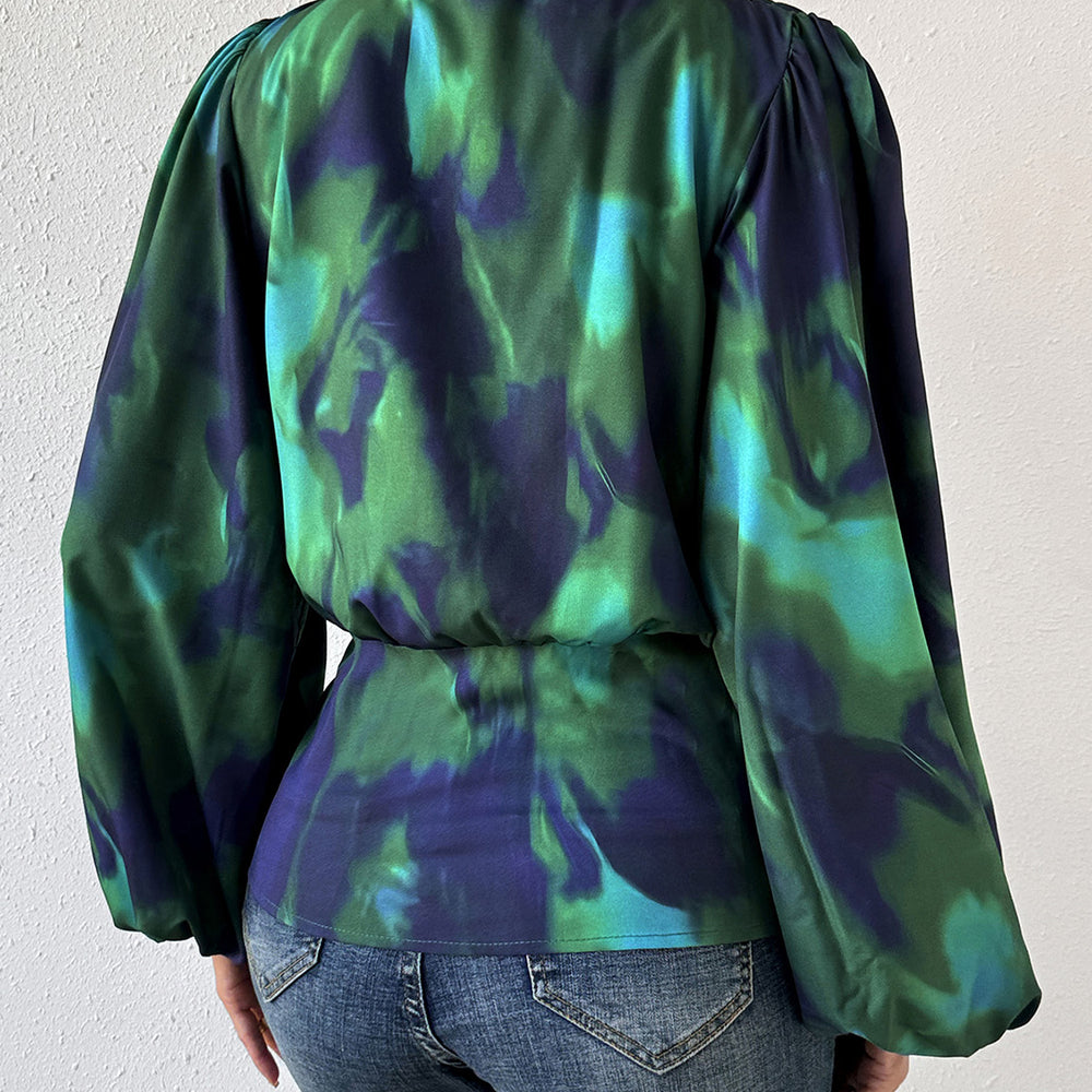 Tie-Dye Button Up Balloon Sleeve Blouse