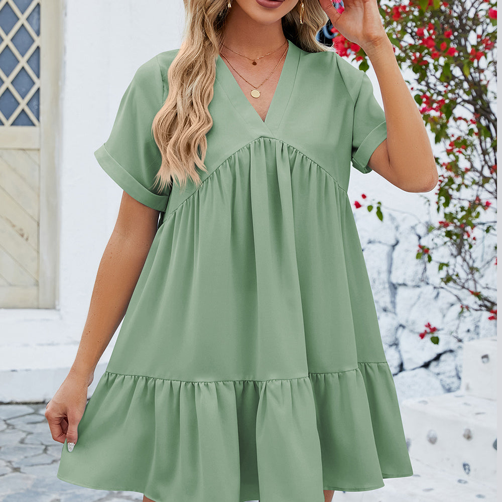 
                      
                        Ruched Tiered V-Neck Short Sleeve Mini Dress
                      
                    