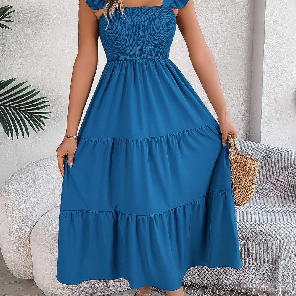 
                      
                        Smocked Square Neck Cap Sleeve Midi Dress
                      
                    