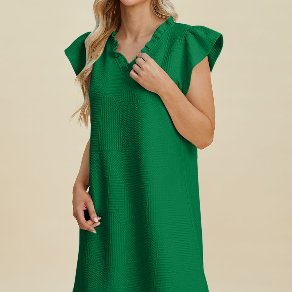 Double Take Full Size Ruffled V-Neck Cap Sleeve Dress