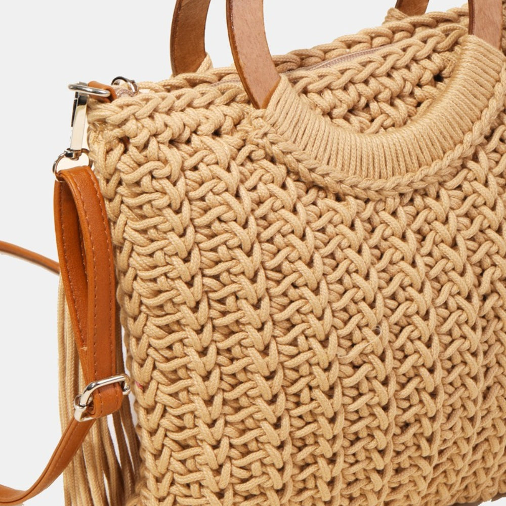 
                      
                        Fame Crochet Knit Convertible Tote Bag with Tassel
                      
                    