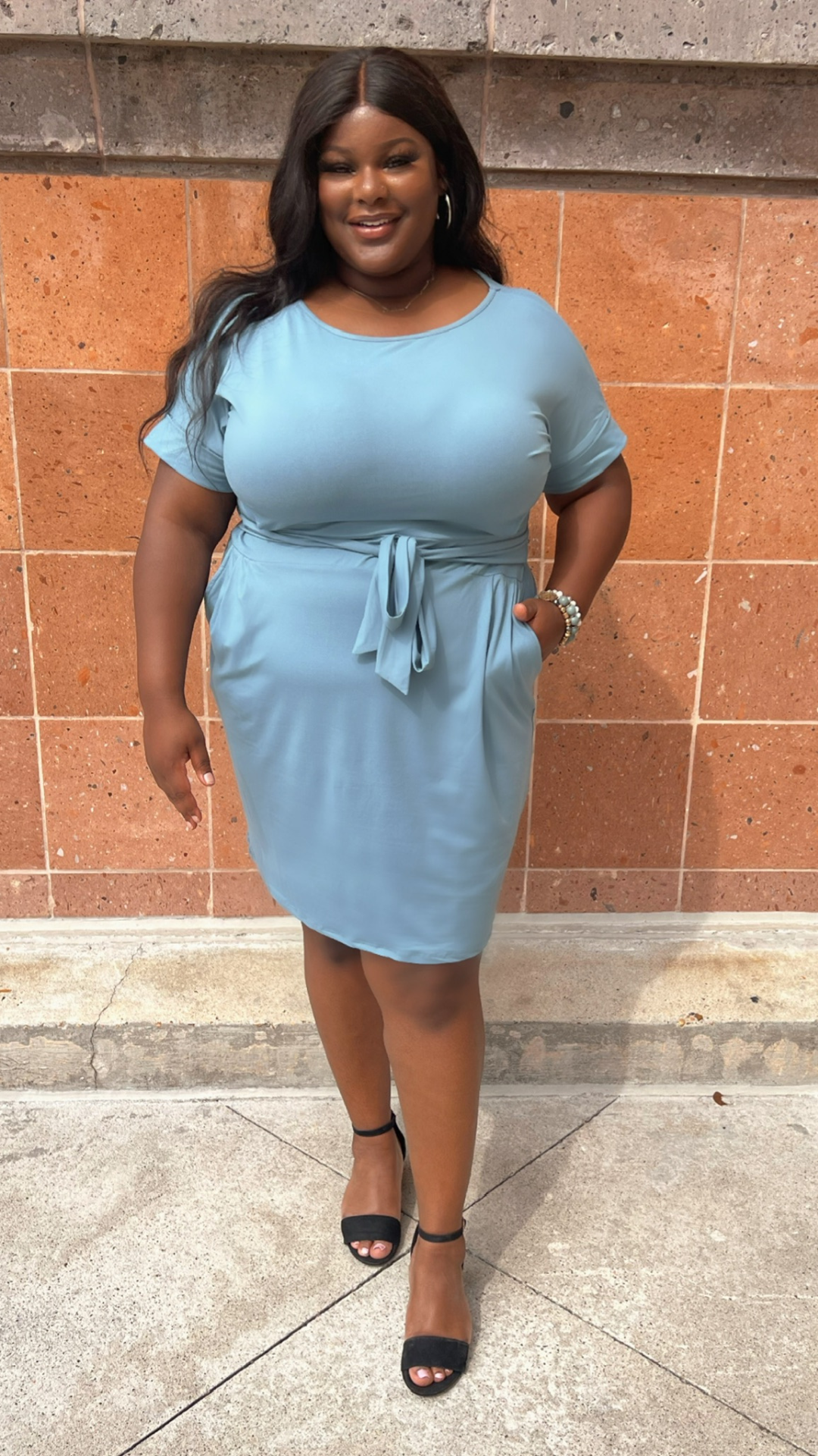 [PLUS] Blue Grey Tie Waist Dress