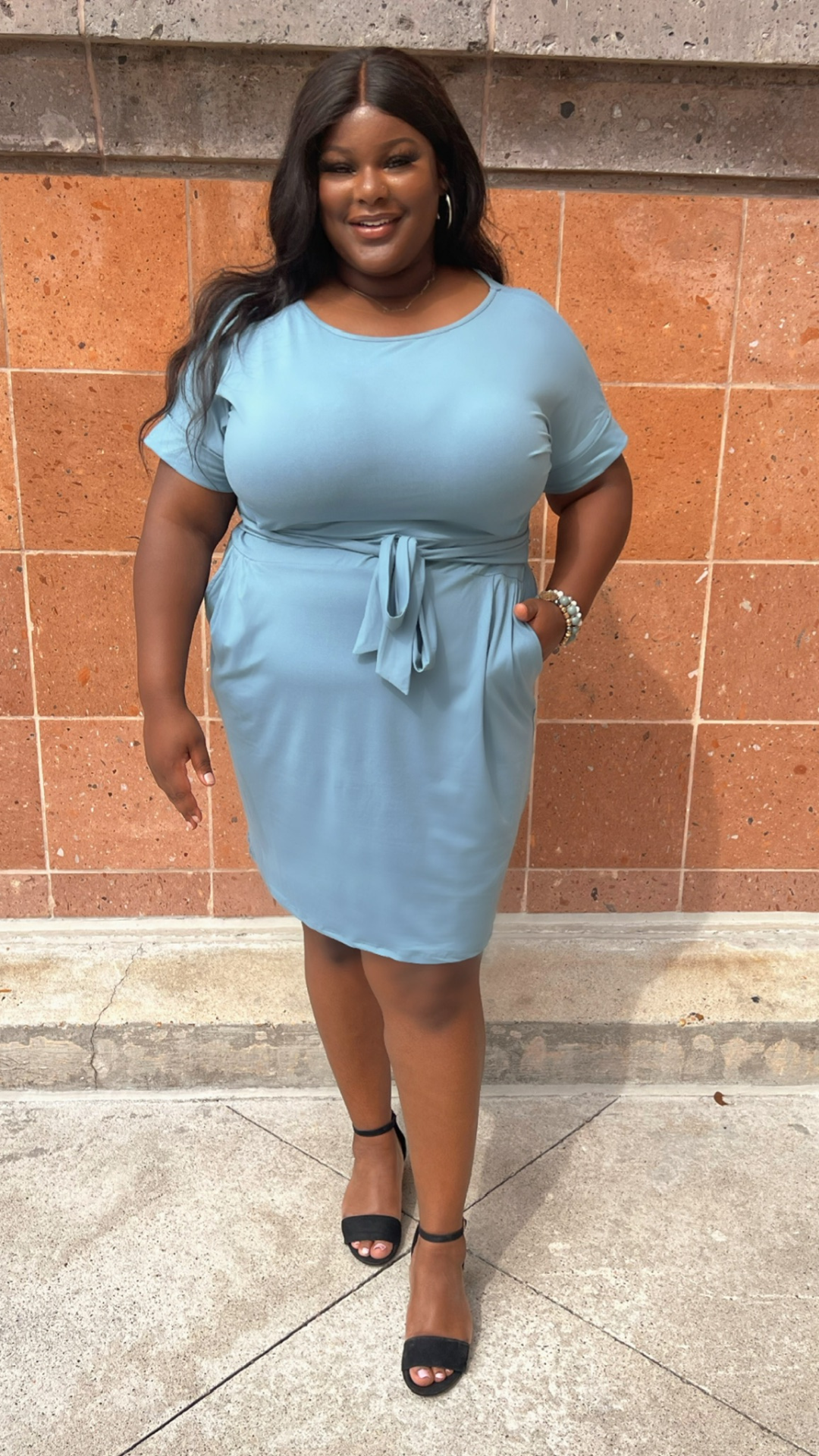 PLUS Blue Grey Tie Waist Dress