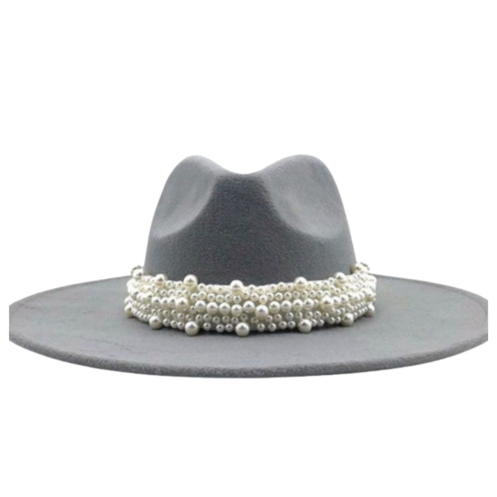 Wide Brim Fedora Hats With Pearls Grey