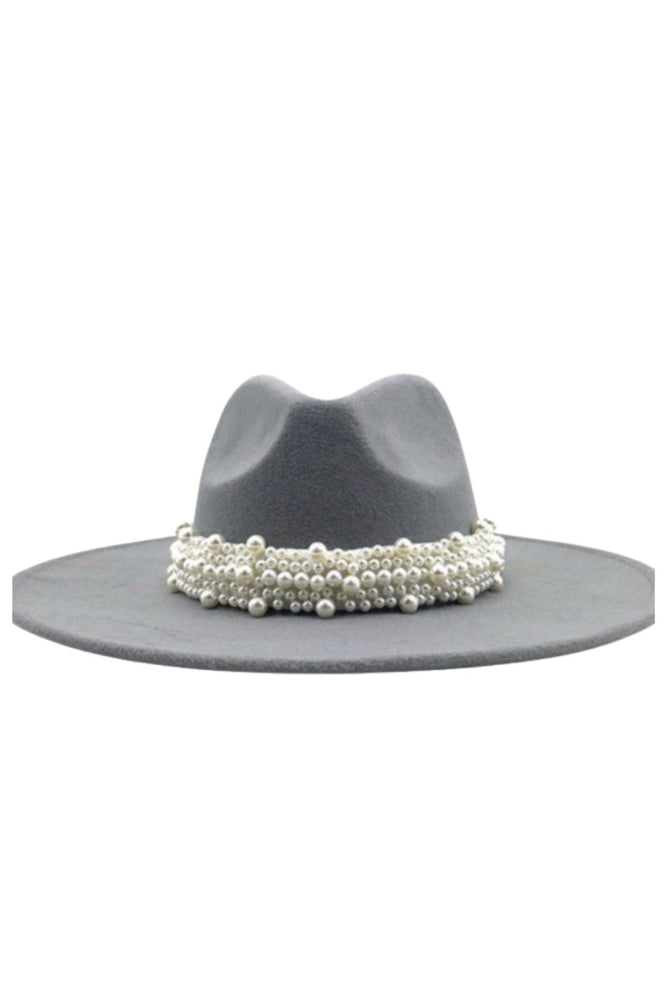 Wide Brim Fedora Hats With Pearls Grey