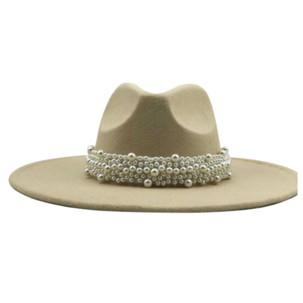 Wide Brim Fedora Hats With Pearls Beige