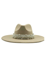 Wide Brim Fedora Hats With Pearls Beige