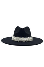 Wide Brim Fedora Hats With Pearls Black