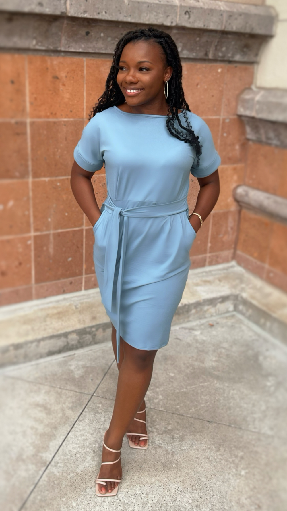 Blue Grey Tie Waist Dress