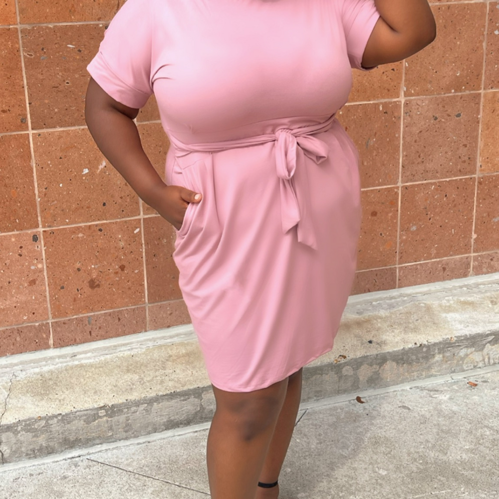 Plus size Light Rose Tie Waist Dress